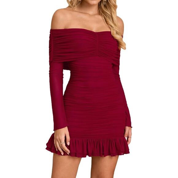 Womens Wine Red Off Shoulder Mesh Bodycon Ruffle Hem Ruched Sexy Mini Dress Med - Picture 1 of 10